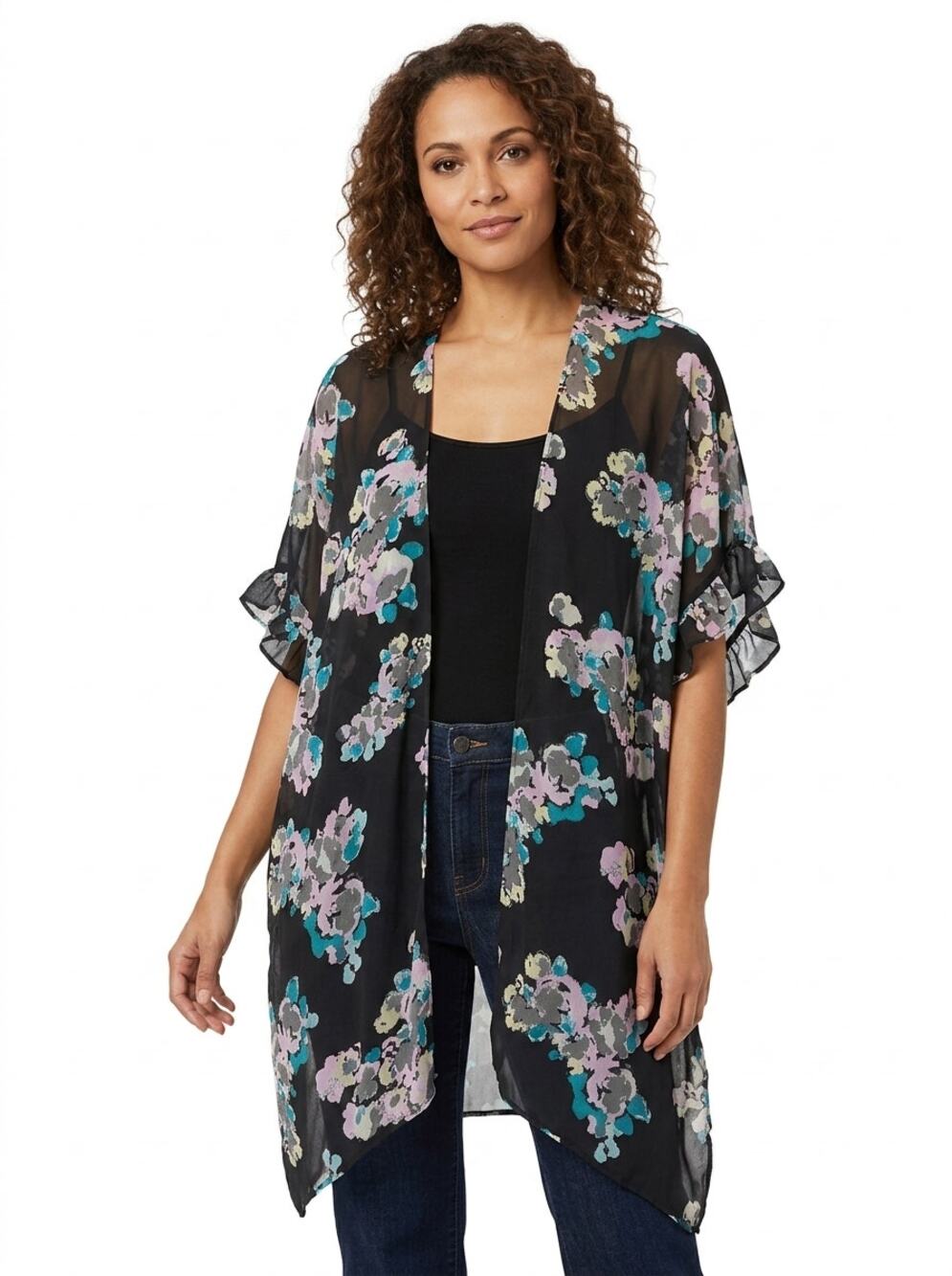 Betsey Johnson Black Floral Chiffon Wrap Ruffle Kimono Women Size One Size